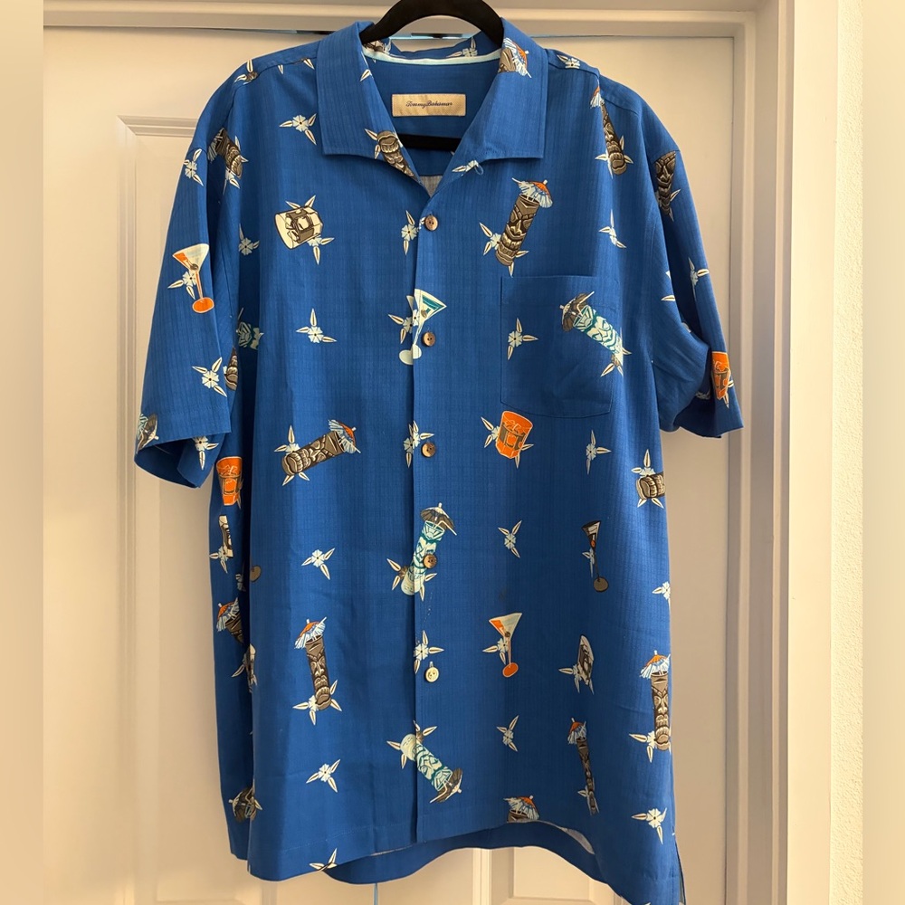 Tommy Bahama Blue Tiki & Cocktail Print Camp Shirt Silk
